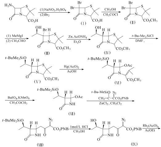 1-Azabicyclo[3.2.0]hept-2-ene-2-carboxylicacid, 6-[(1R)-1-hydroxyethyl]-3-[[2-[(iminomethyl)amino]ethyl]thio]-7-oxo-,hydrate (1:1), (5R,6S)- can be prepared by 6-APA